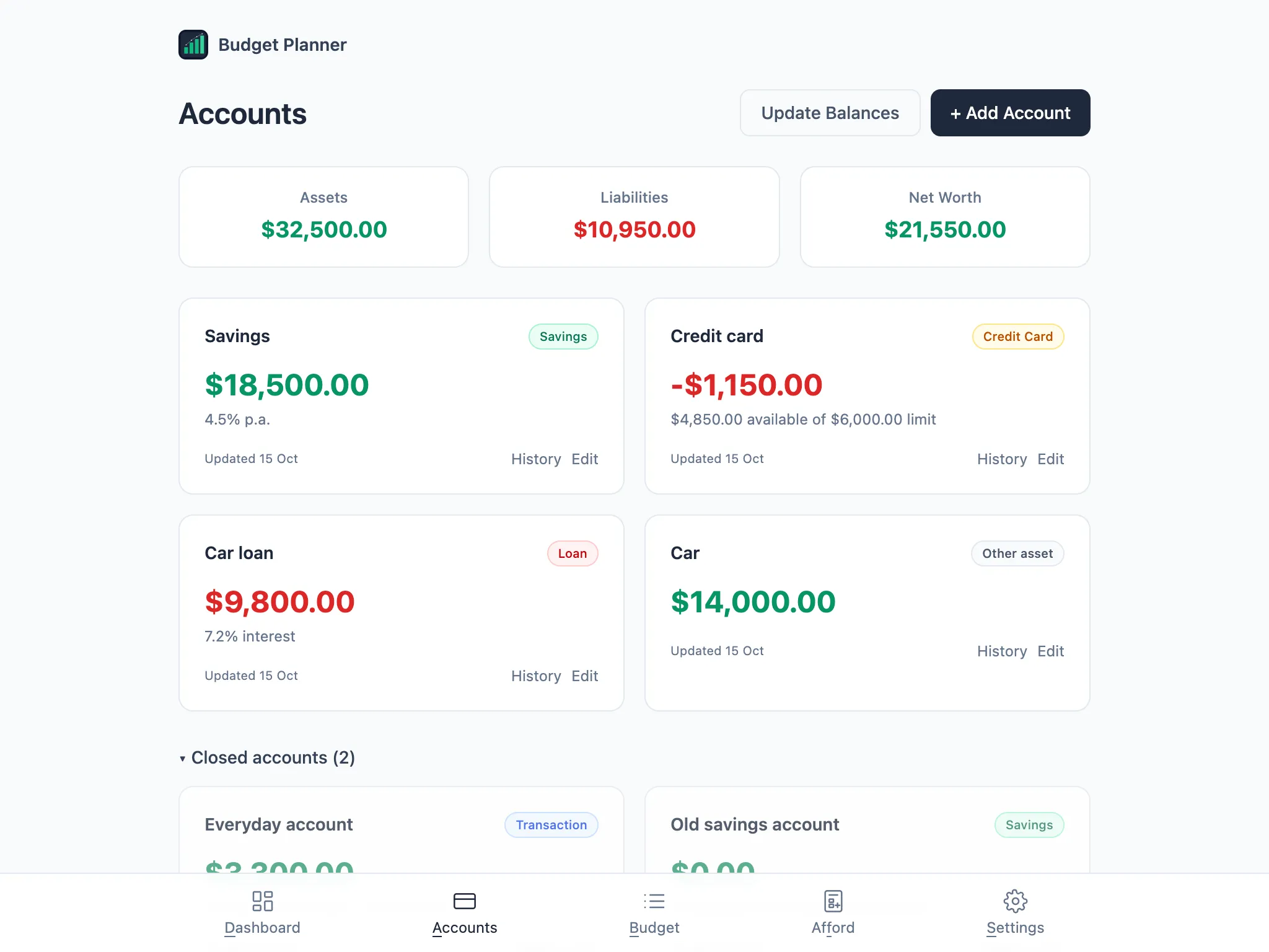 Accounts page with Closed accounts (2) expanded, showing Everyday account and Old savings account
