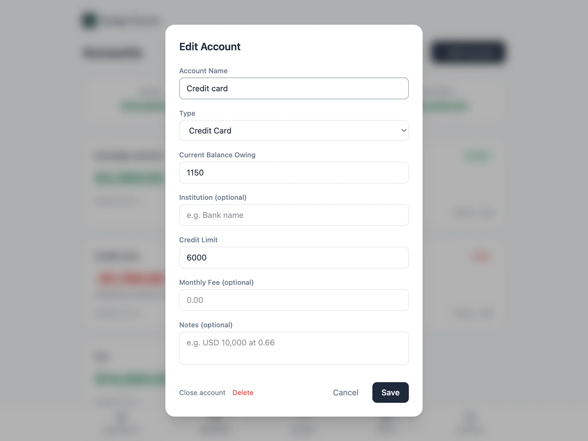 Edit Account form for a Credit Card, with Current Balance Owing and a Credit Limit field