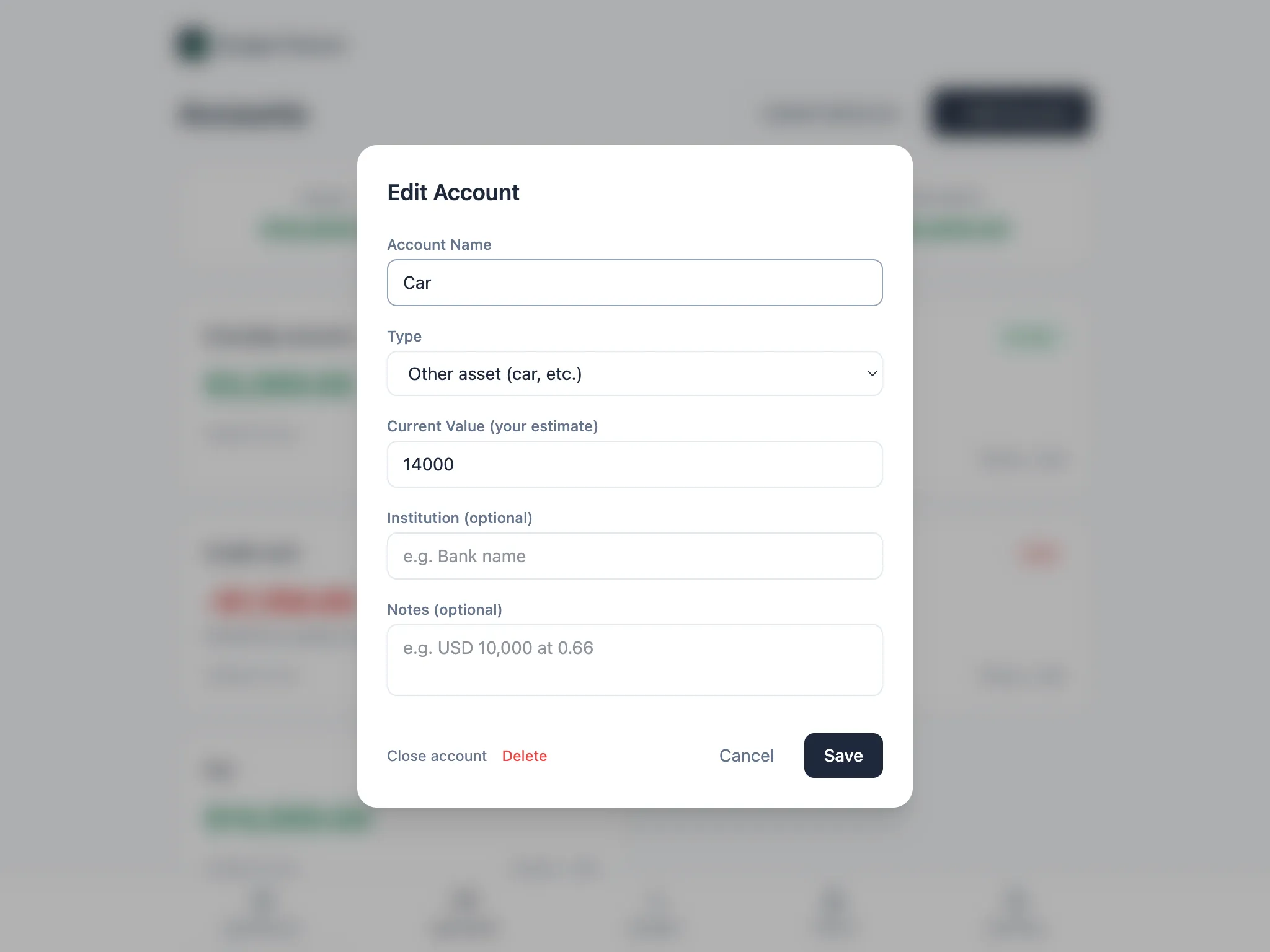 Edit Account form for an Other asset, with a Current Value (your estimate) field
