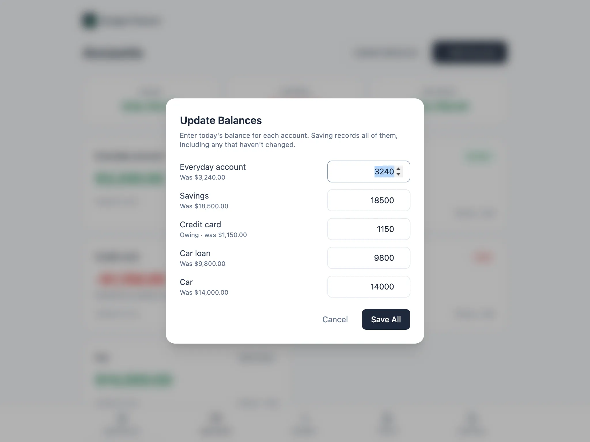 Update Balances dialog listing every account with its previous balance, including Credit card showing Owing · was $1,150.00