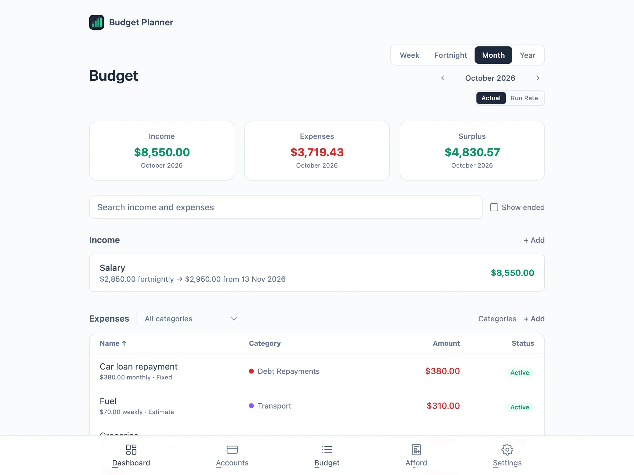 Budget page in Actual mode for October 2026, showing 3 Salary pays totalling $8,550.00