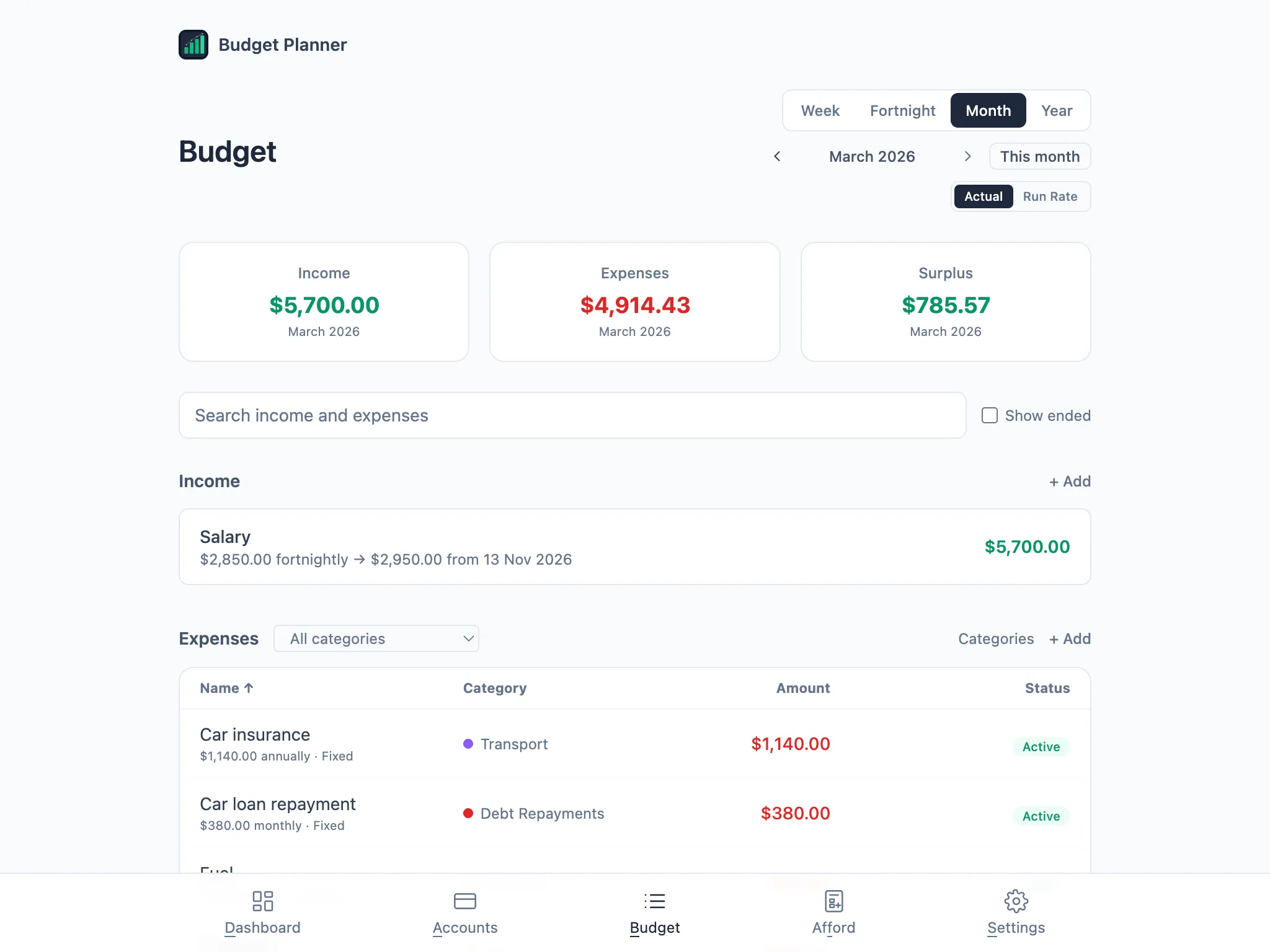 Budget page in Actual mode for March 2026, with the annual Car insurance bill in the expenses list