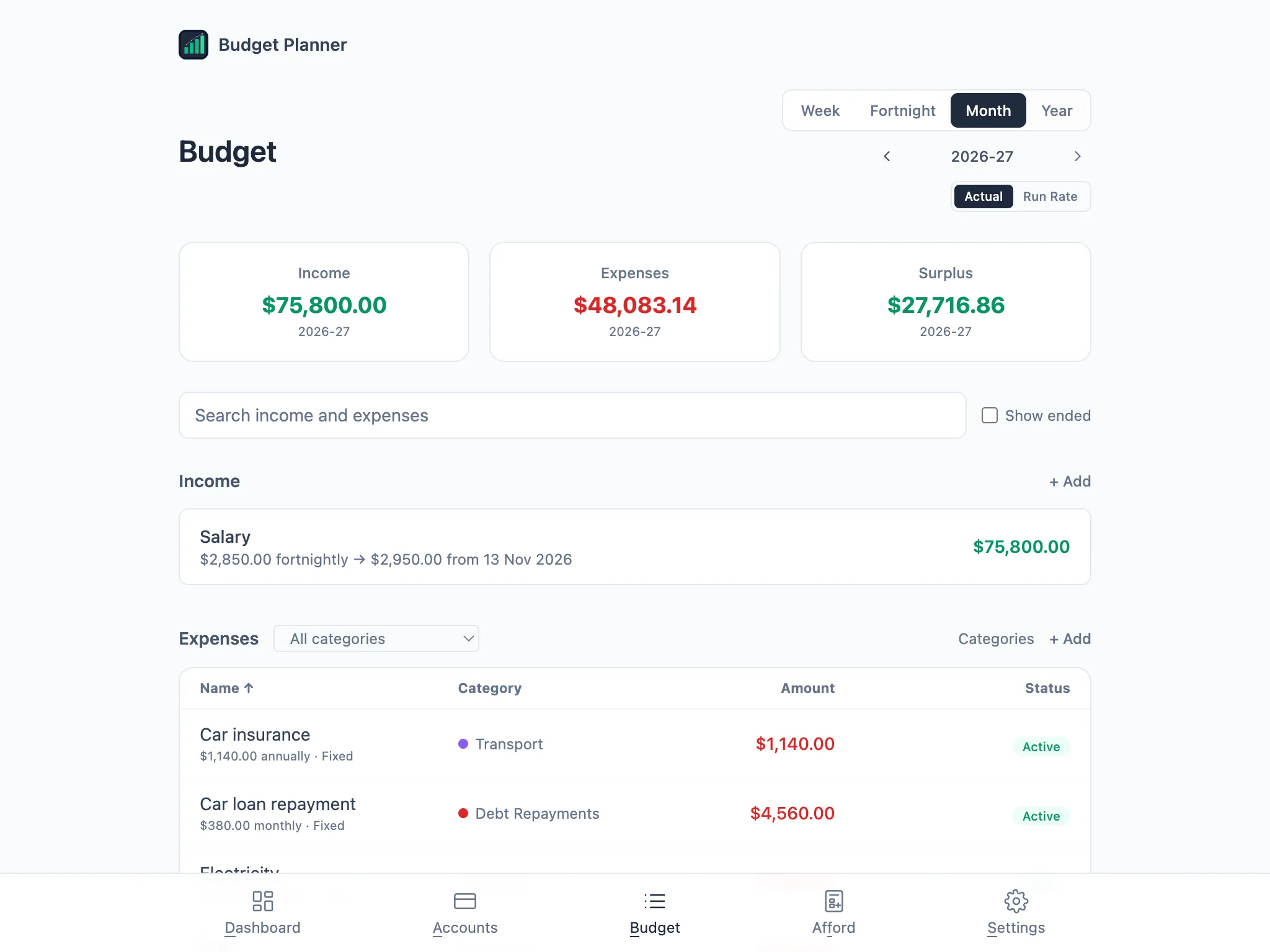 Budget page switched to the Year view, showing the 2026-27 financial year totals
