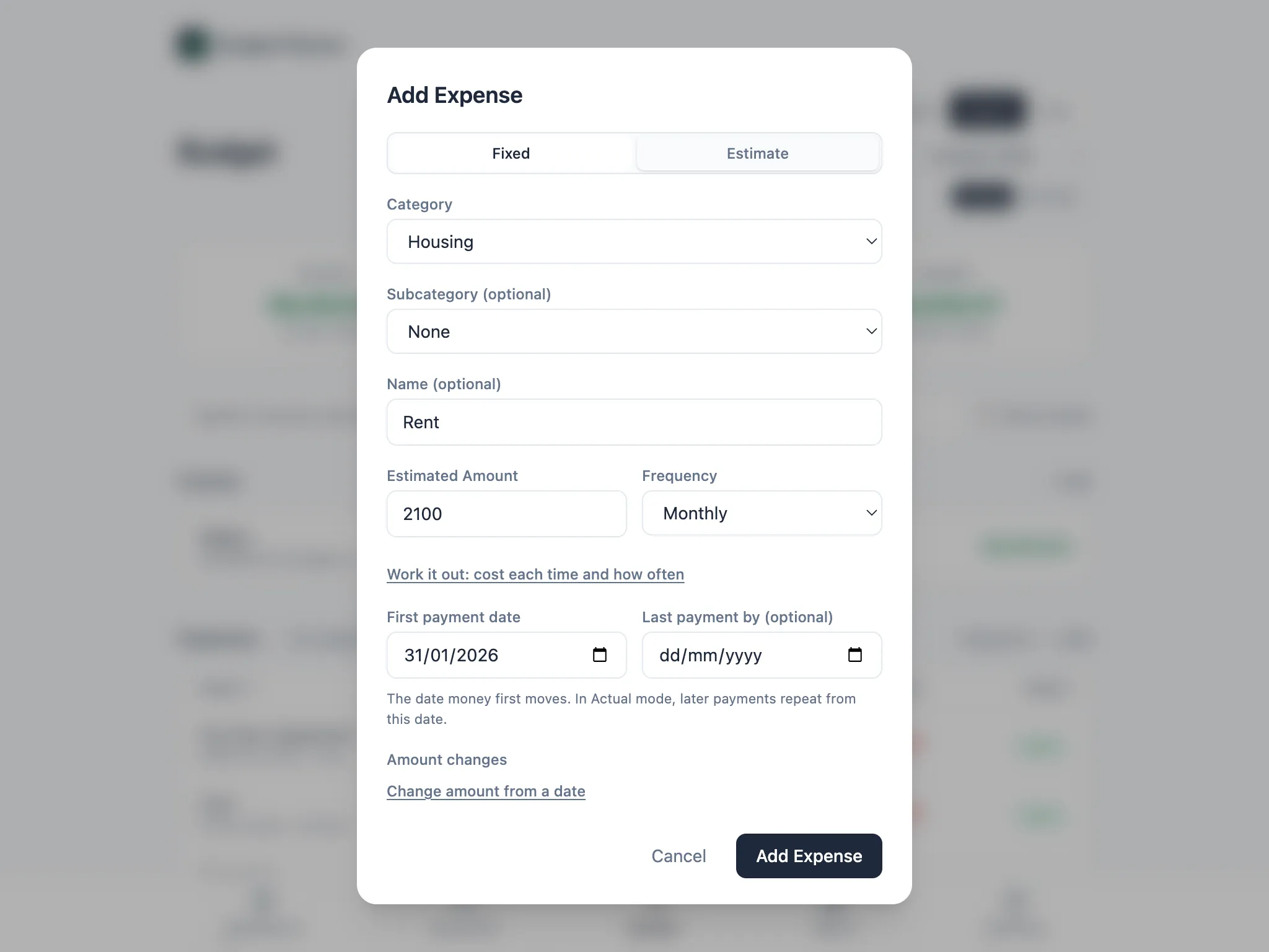 Add Expense form switched to Estimate mode, with an Estimated Amount field and a Work it out link