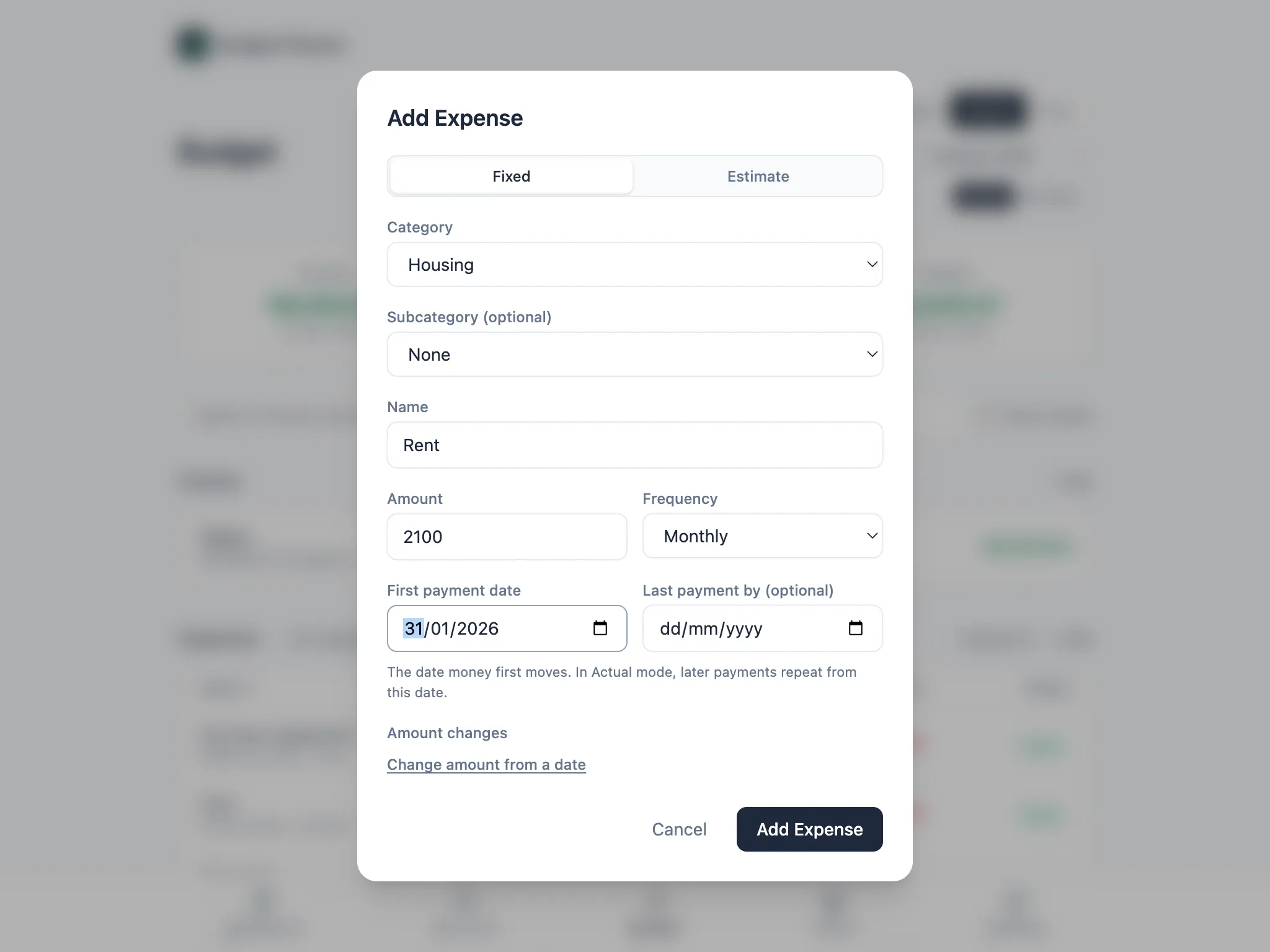 Add Expense form for a Fixed monthly expense with a first payment date of 31 January 2026