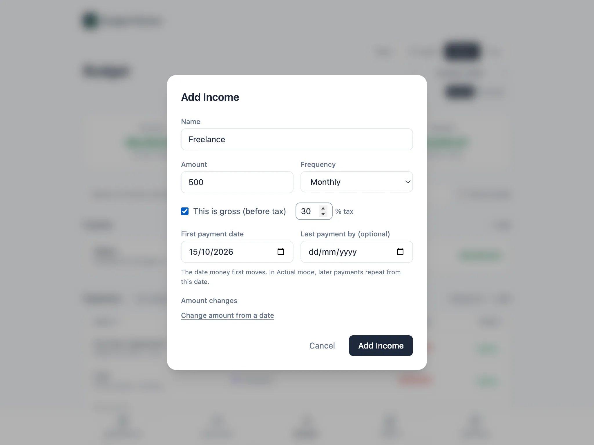 Add Income form with the gross checkbox ticked and a 30% tax rate entered