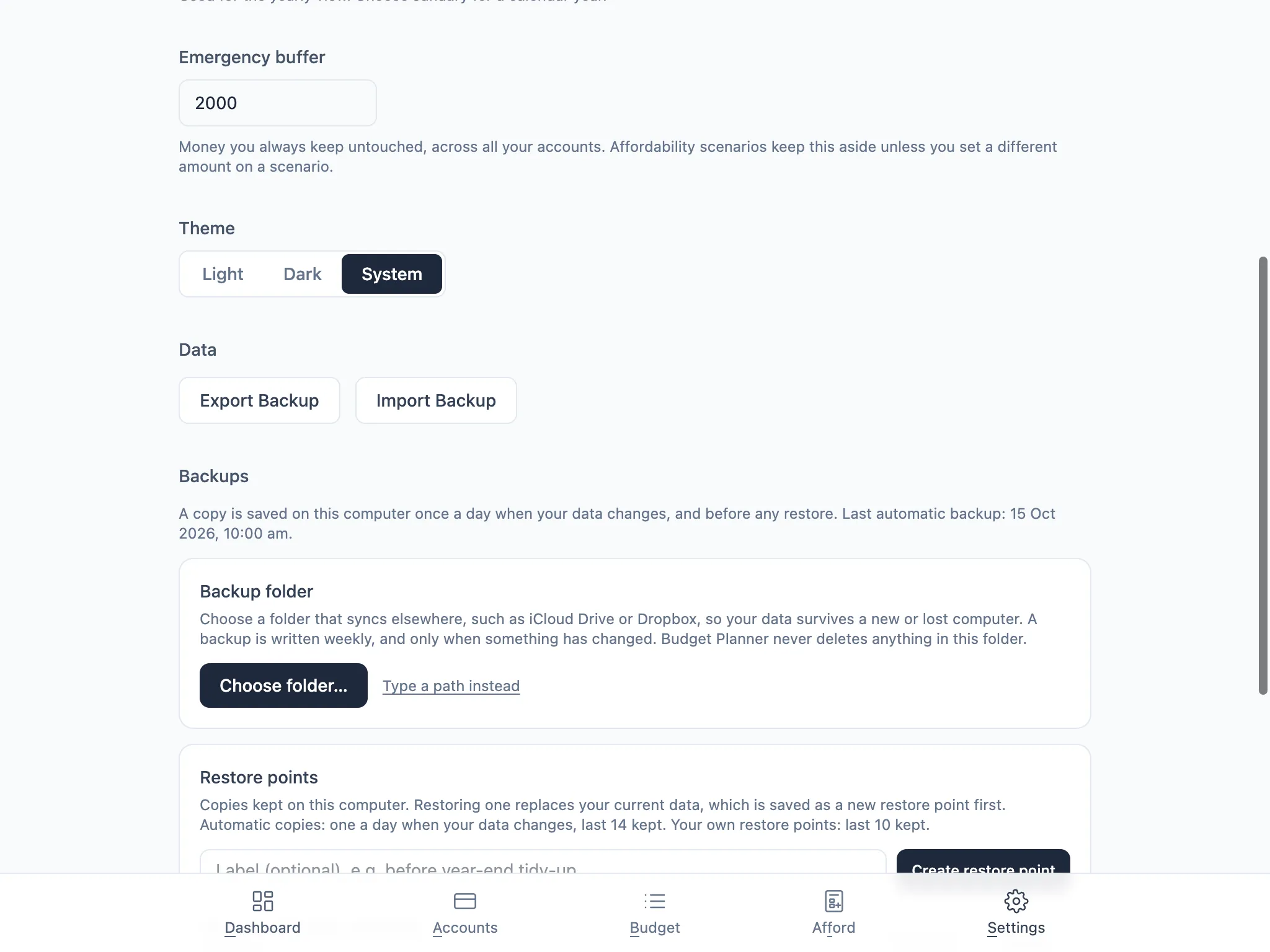 Settings, Backups section, with Export/Import Backup, the automatic backup note, and the backup folder and restore points options