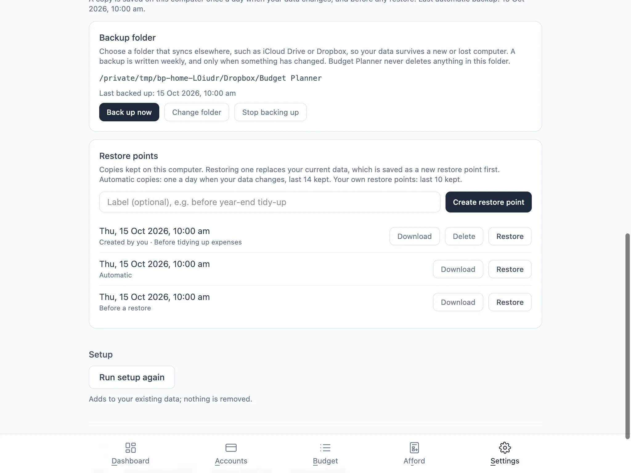 Restore points list with a manual restore point labelled “Before tidying up expenses”
