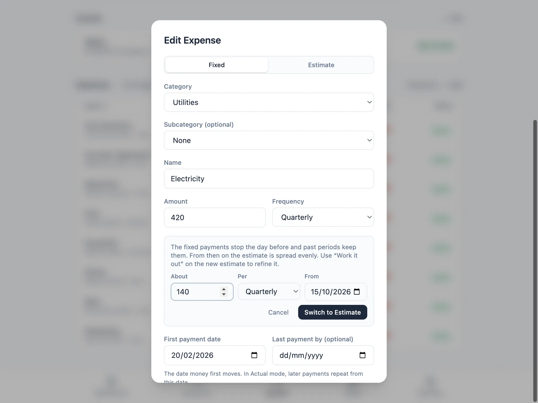 The Electricity expense being switched to Estimate, with the fixed-payments-stop explanation and a new amount being entered