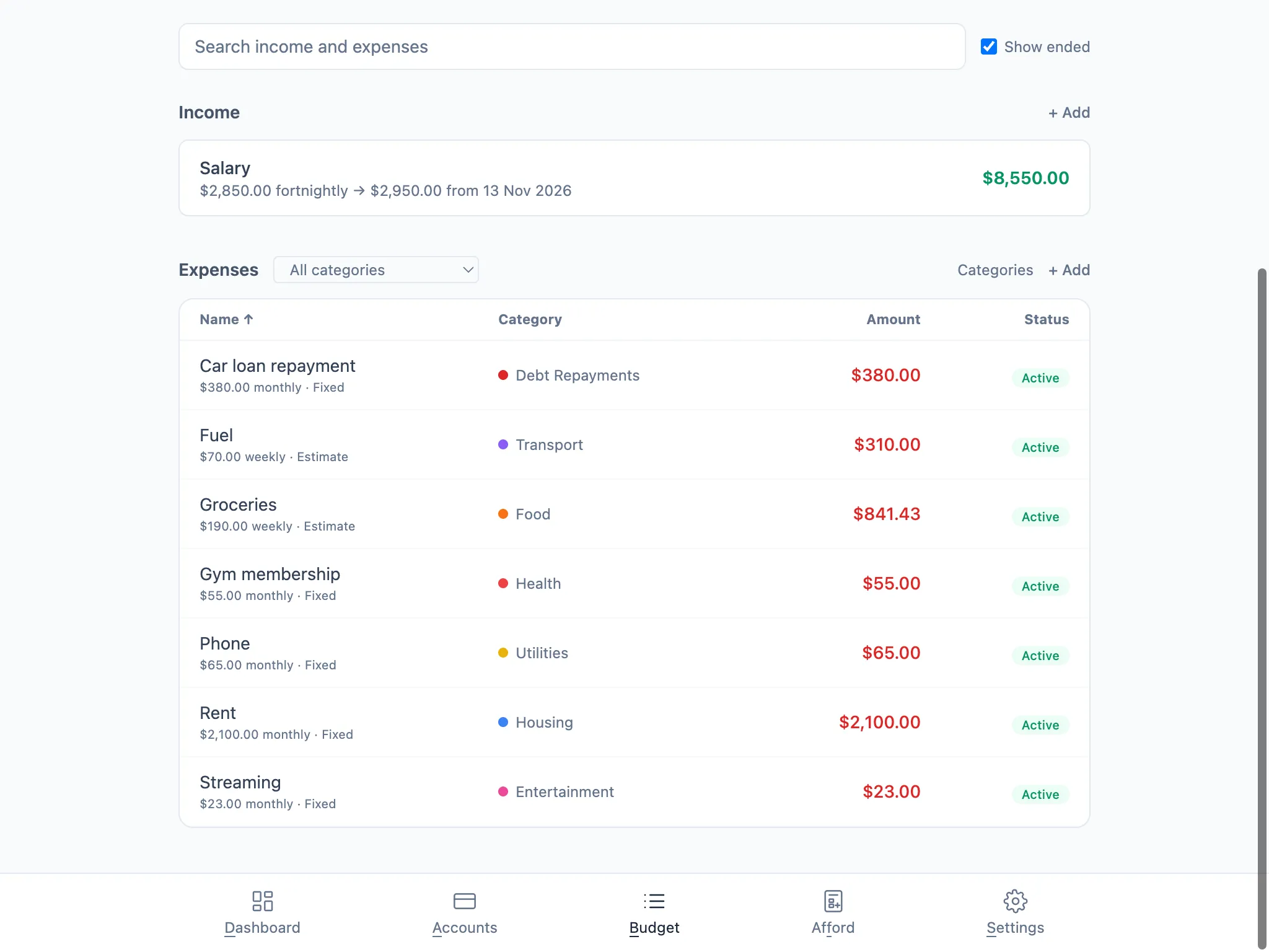 The Budget page after clearing Gym membership’s end date, now showing it back at $55.00 with an Active status