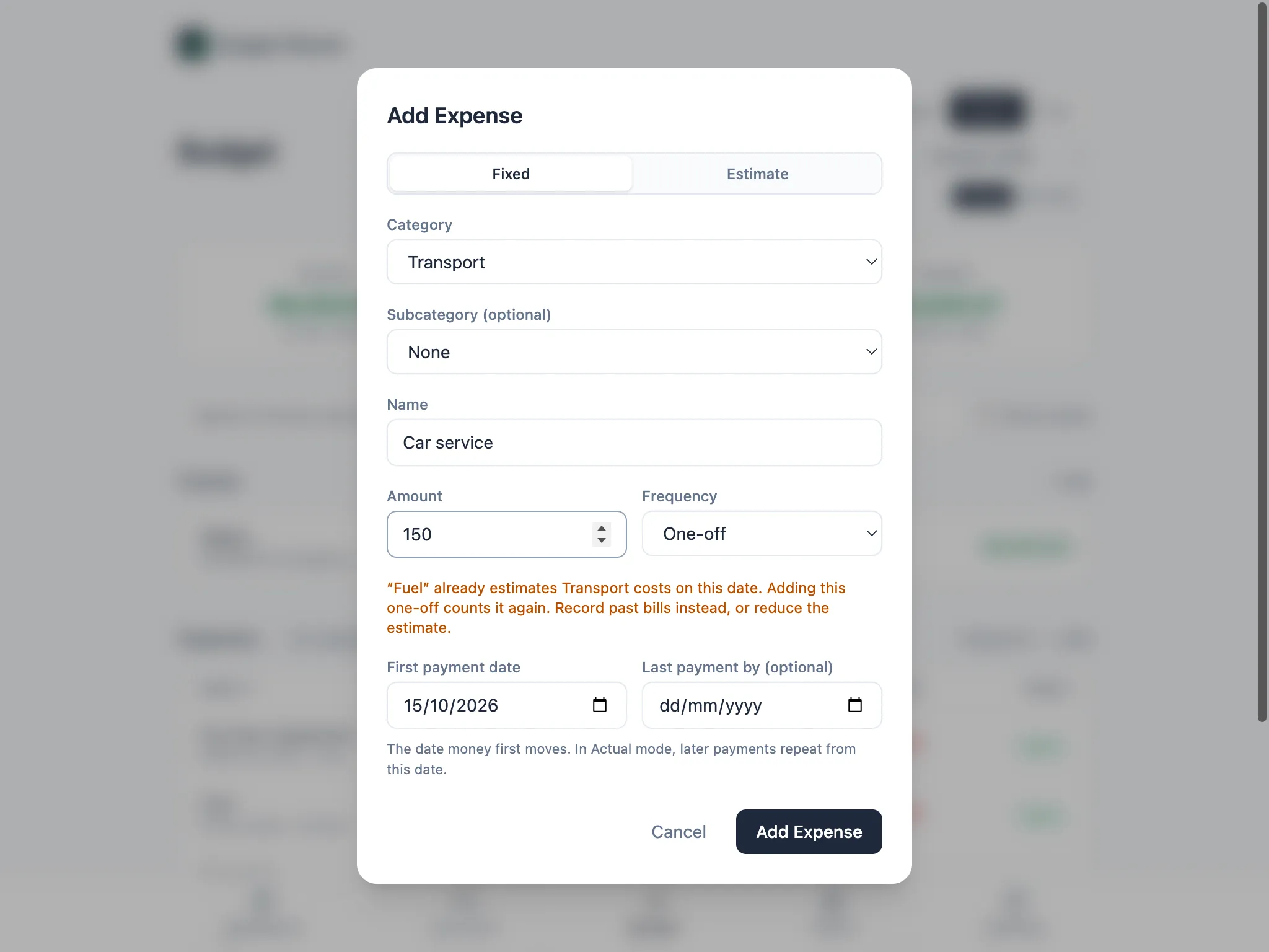 Add Expense form warning that Fuel already estimates Transport costs on this date