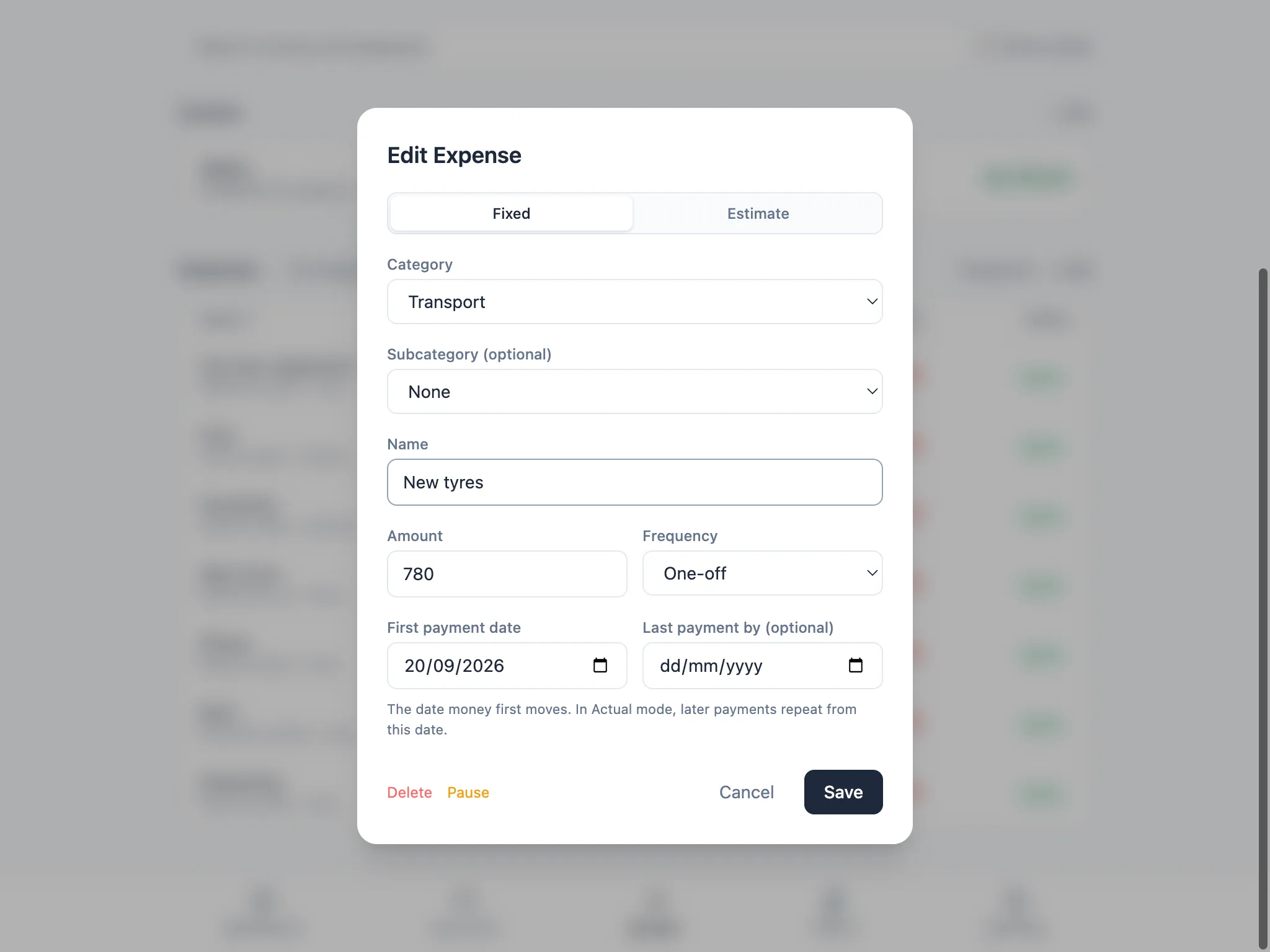 Edit Expense form for New tyres, showing One-off frequency, amount 780 and first payment date 20/09/2026