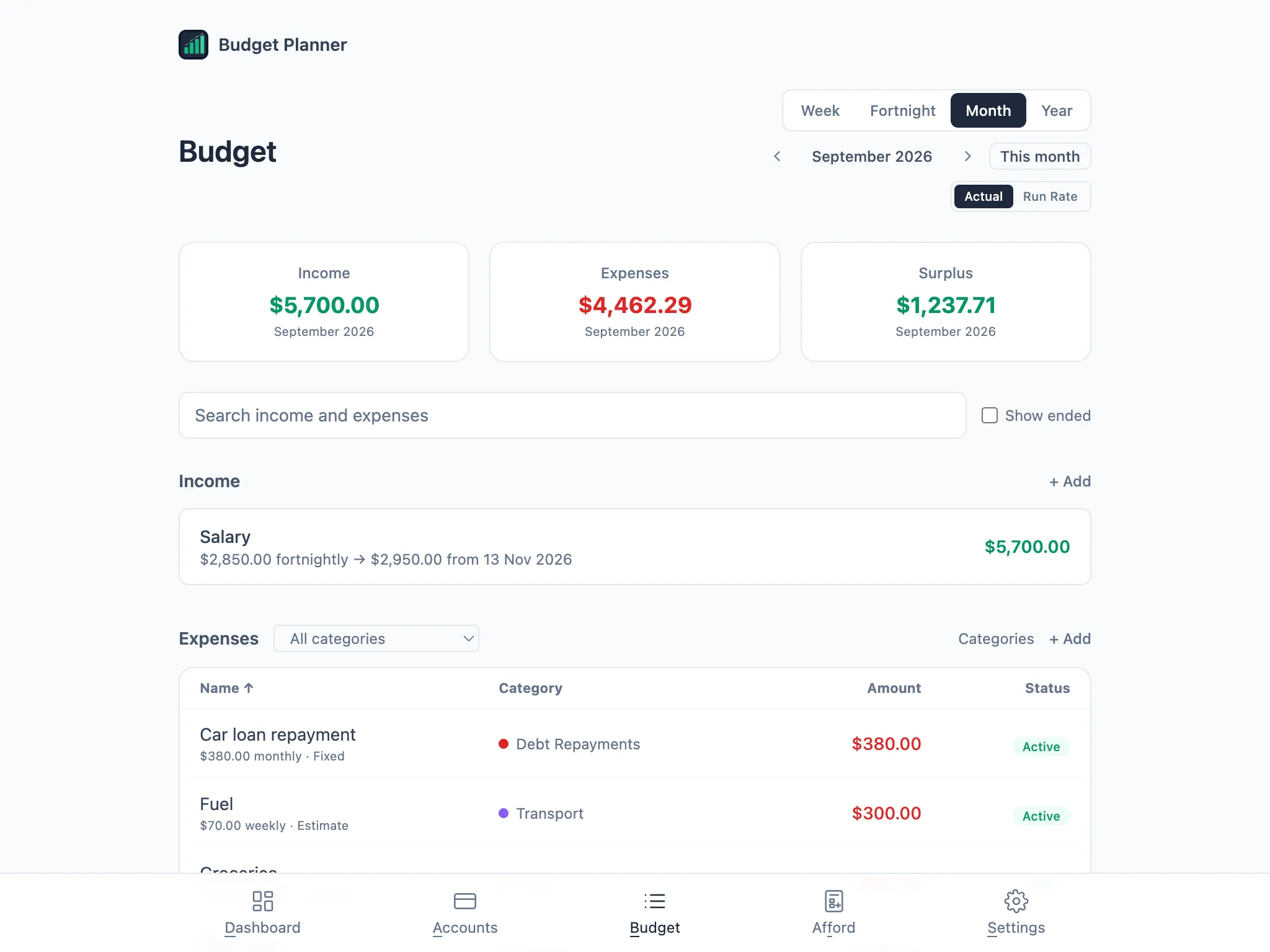 Budget page for September 2026, with New tyres listed as a $780.00 Fixed one-off expense