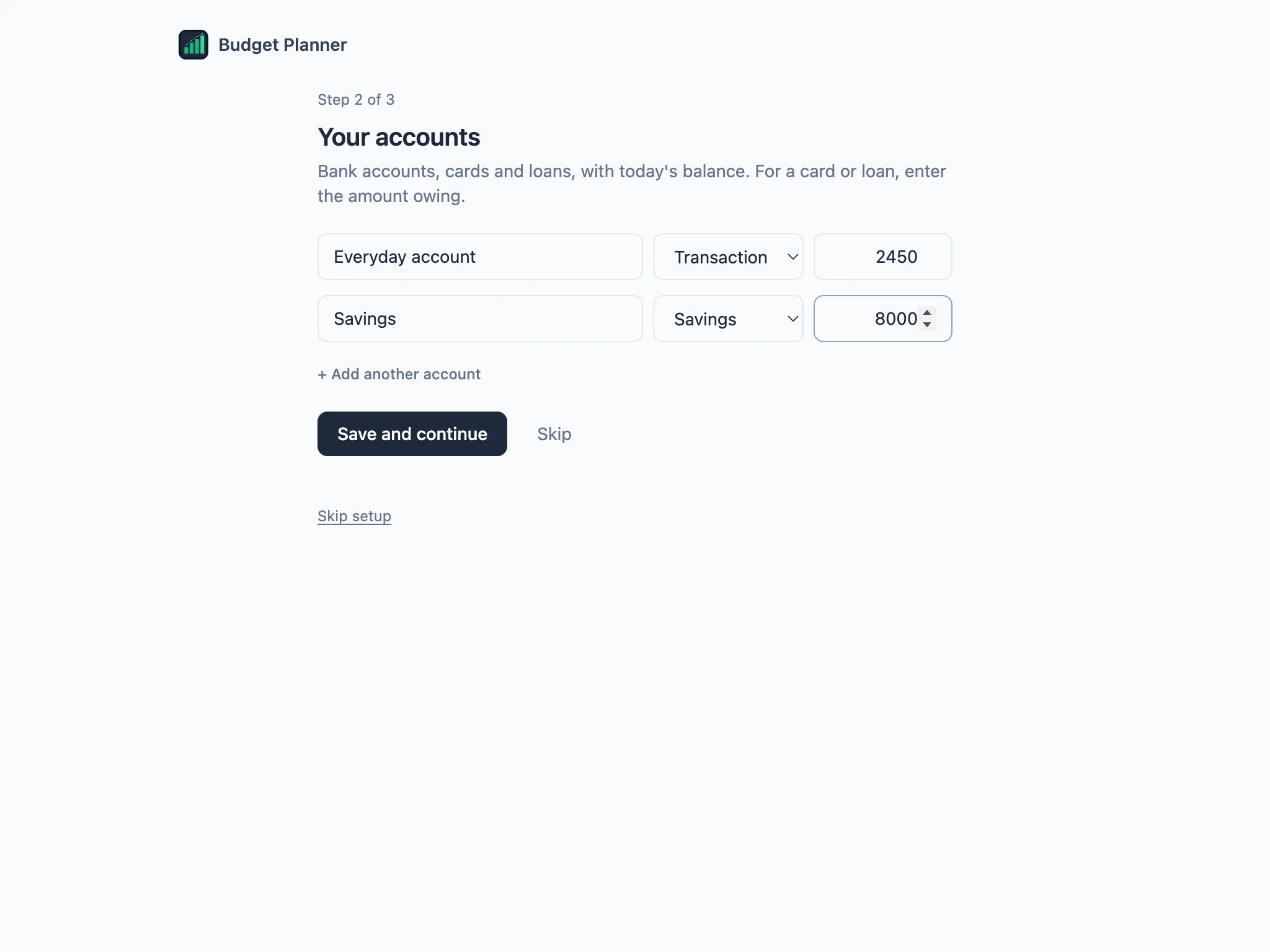 Step 2 of 3: an everyday account and a savings account with their balances