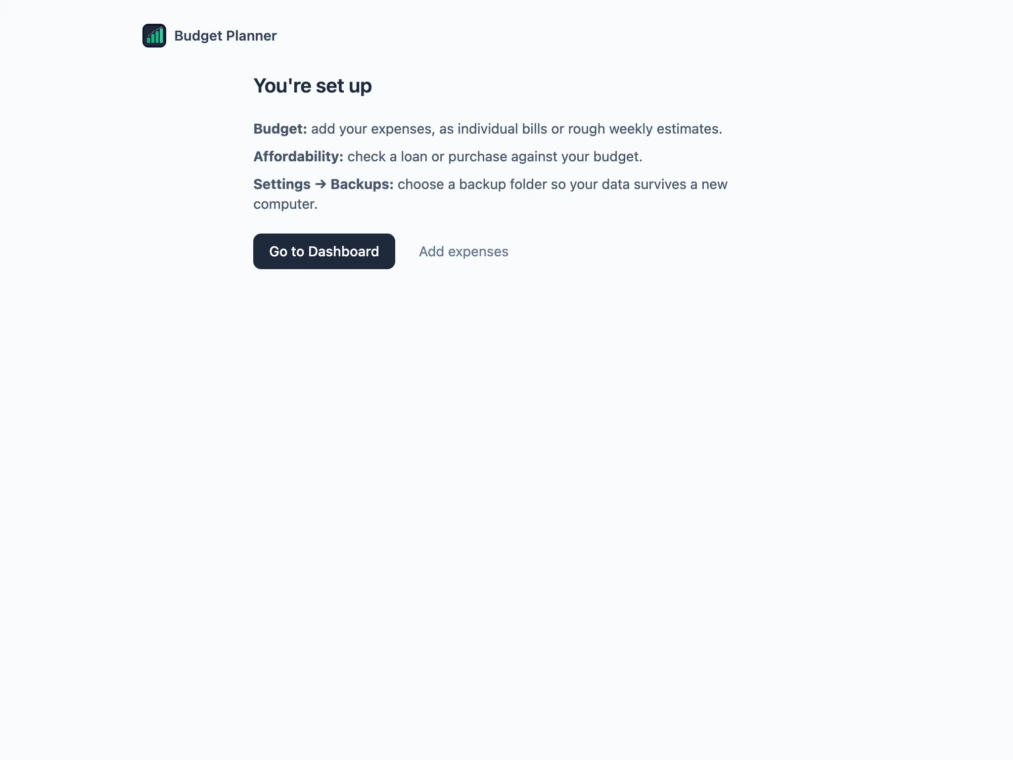 The You’re set up screen, with Go to Dashboard and Add expenses buttons
