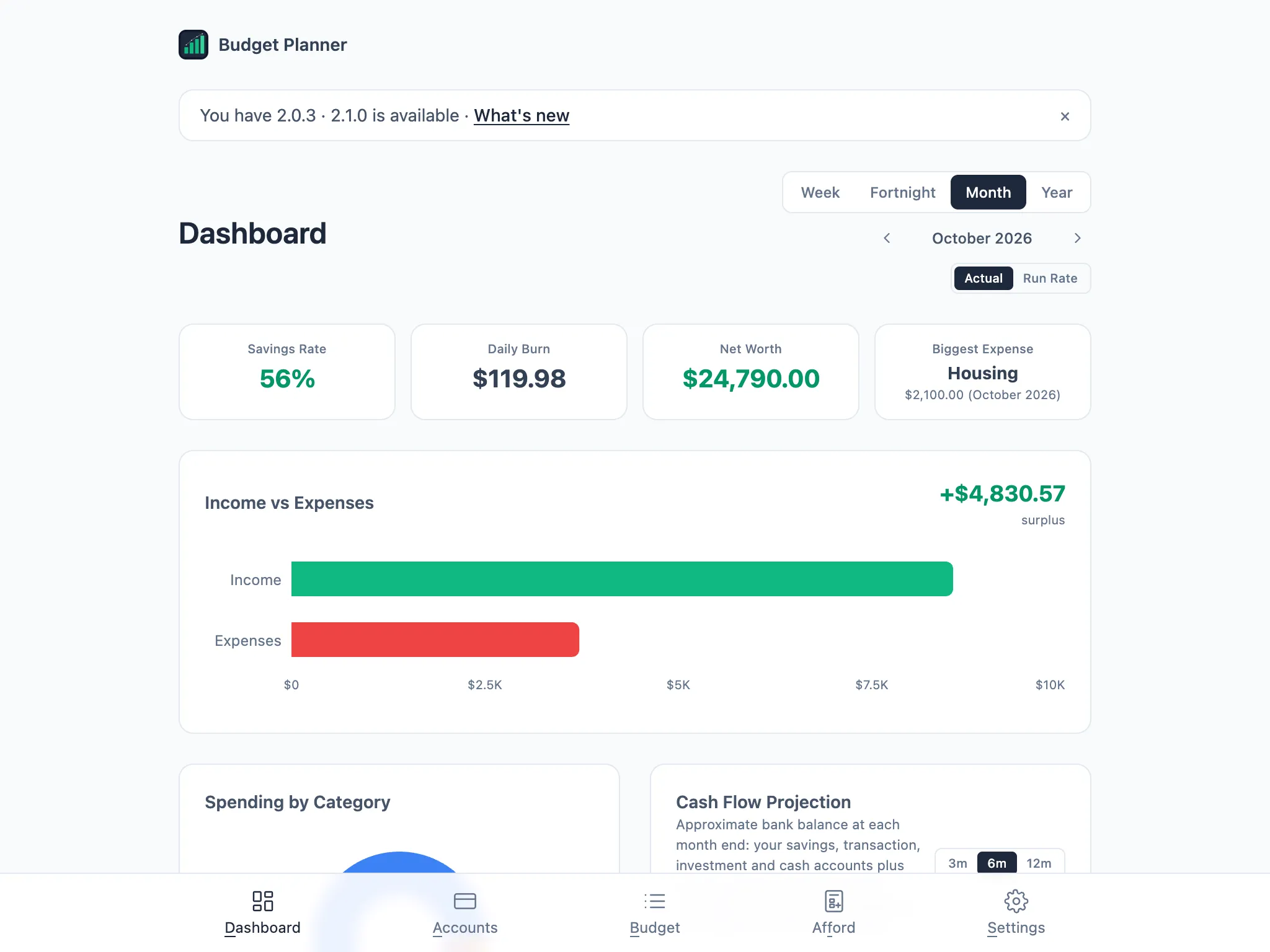 The update banner on the Dashboard: “You have 2.0.3 · 2.1.0 is available · What’s new”