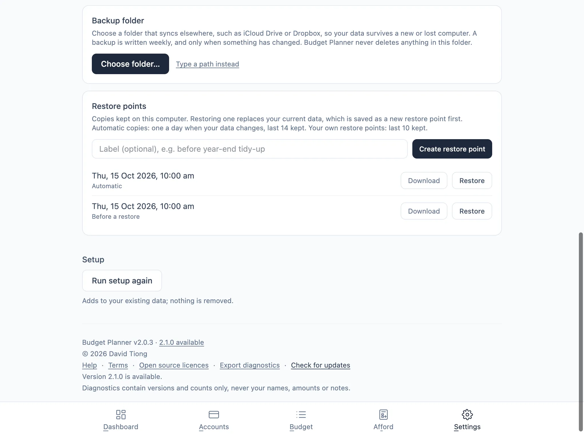 Check for updates result: “Version 2.1.0 is available.”