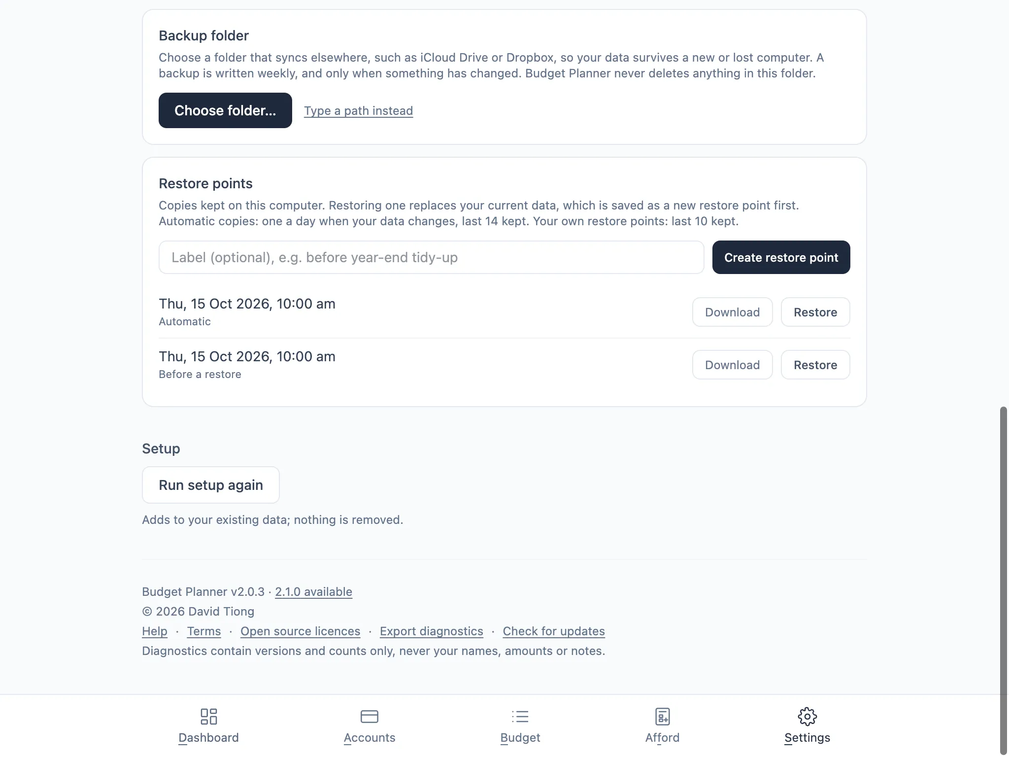 Settings footer showing the version, “2.1.0 available” link, and the Check for updates button